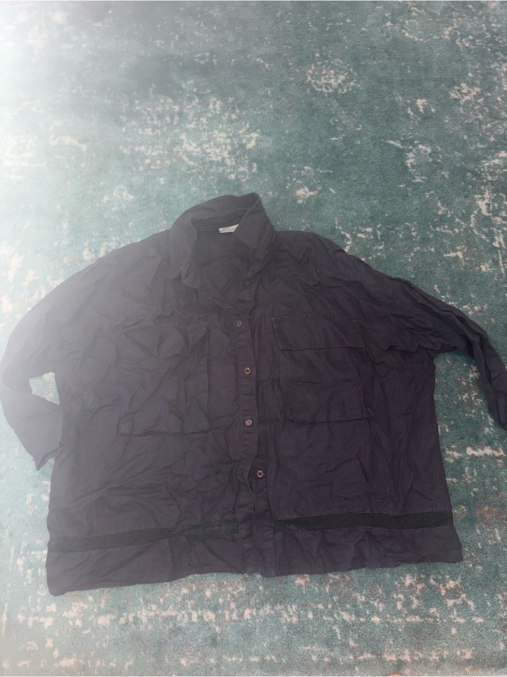 Lauren Vidal Lagenlook Blue Shacket Cover up button down shirt Relaxed linen S